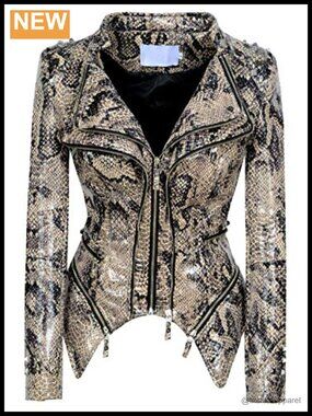 Women's Faux Leather Moto Biker Jacket Snake Print Studded PU